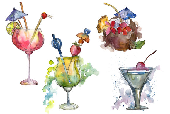 Bar Party Cocktail Drink Watercolor Set & Illustrations