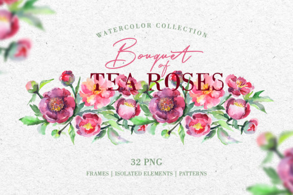 Bouquet of Tea Roses Pink Watercolor Png Illustrations
