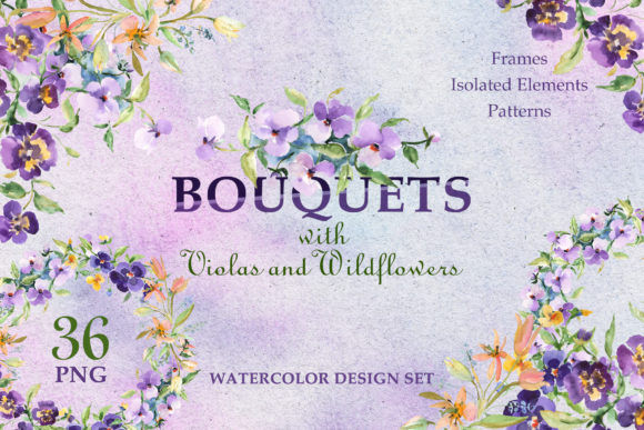 Bouquets with Violas and Wildflowers Illustrations