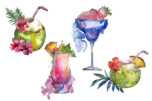Exotic Cocktails Watercolor Set Illustrations